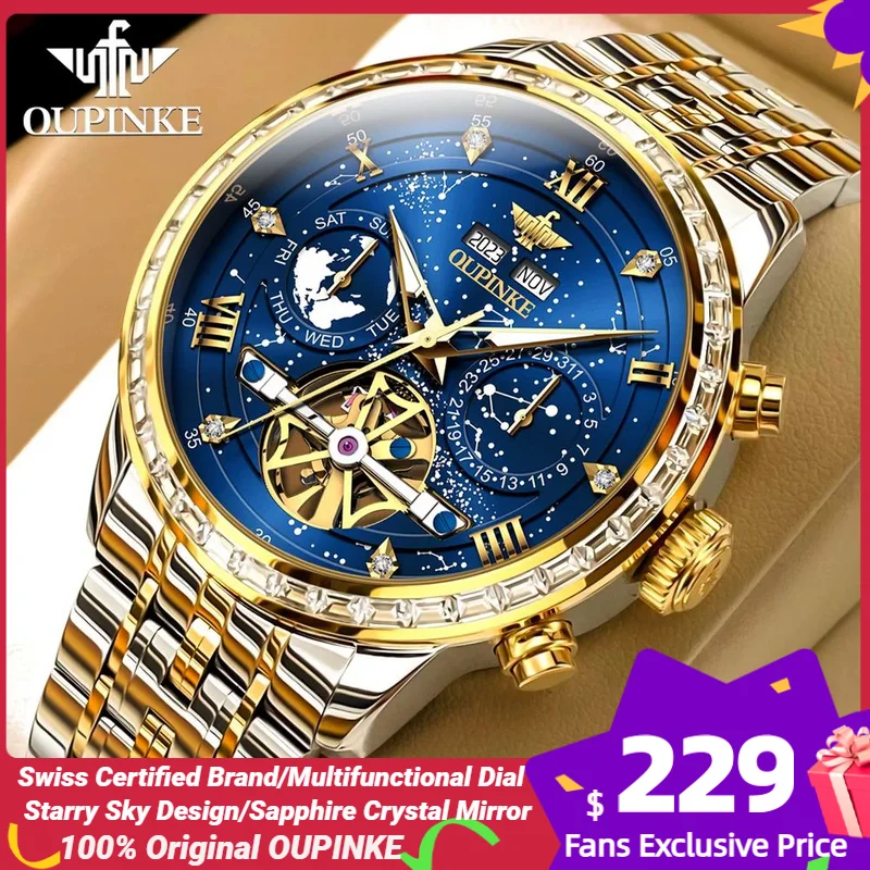 OUPINKE NEW Watch for Men Automatic Mechanical Starry Sky Tourbillon Design Luxury Sapphire Crystal Mirror Diamond Wristwatch