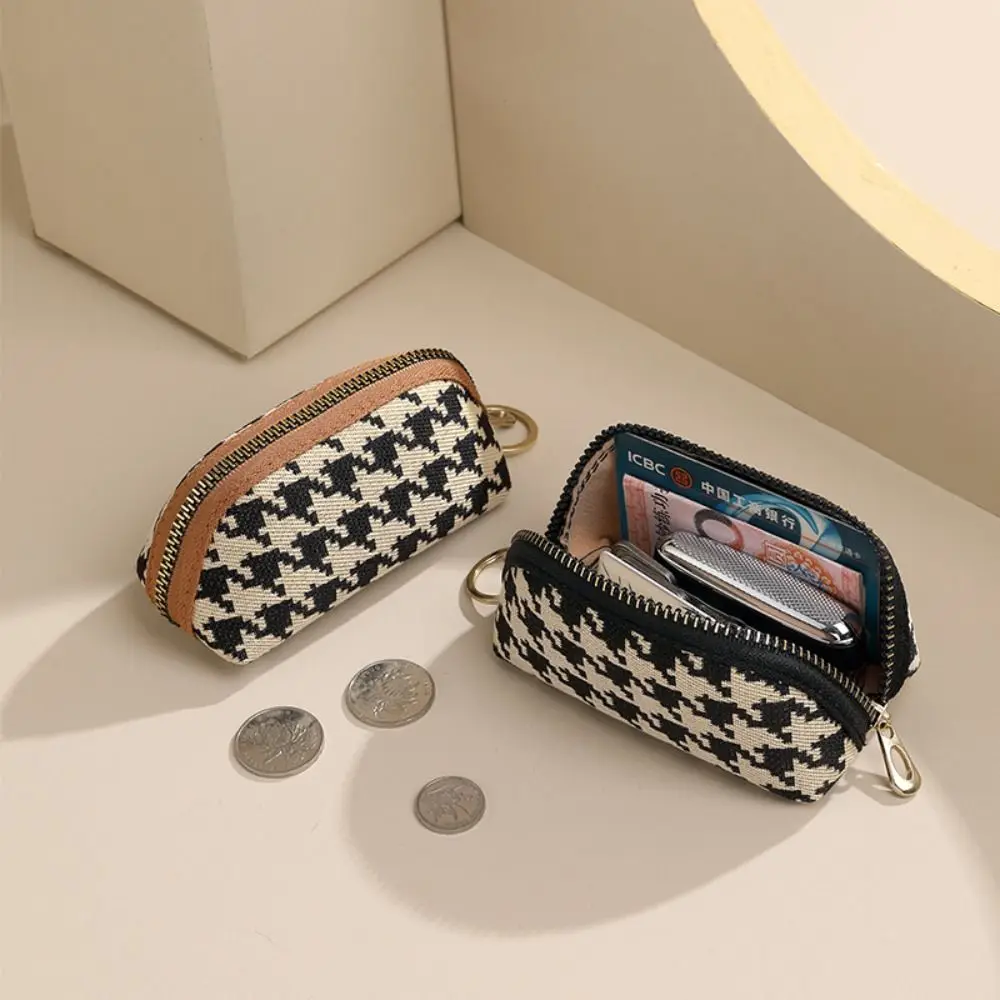 Pu Leather Long Style Wallet Fashion Printing Canvas Houndstooth Zipper Purse Coin Purse Car Key Bag Square Change Purse Girls