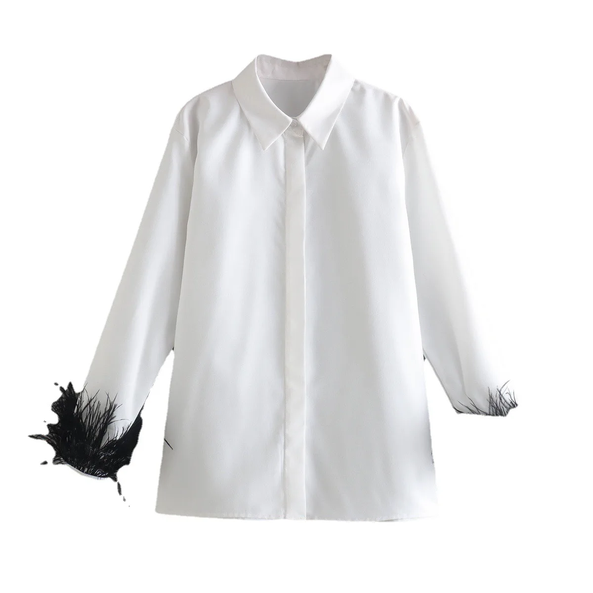 

DEARIRIS Sexy Feathered Cuff Design Light Luxury Satin White Shirt