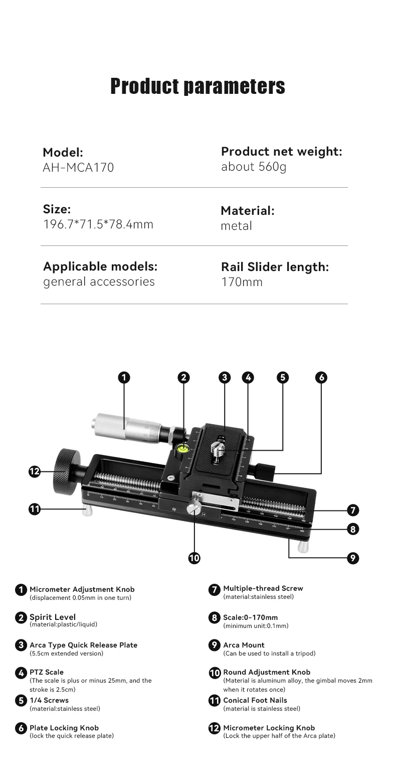 AH-MAG170 170mm Manual Macro Photography Rail Slider With 1/4 Screws Quick Relea