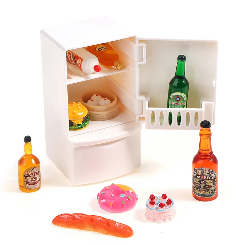 20 Pcs Dollhouse Refrigerator Miniature Food Drinks Bottles Dollhouse  Accessories 1:12 Mini Fridge Toy with Mini Food Set Pretend Play Kitchen