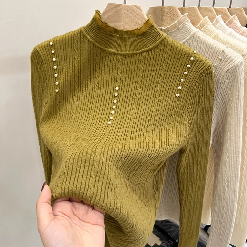 Women Autumn Knitted Sweater Long Sleeve Twist Pearl Slim Top