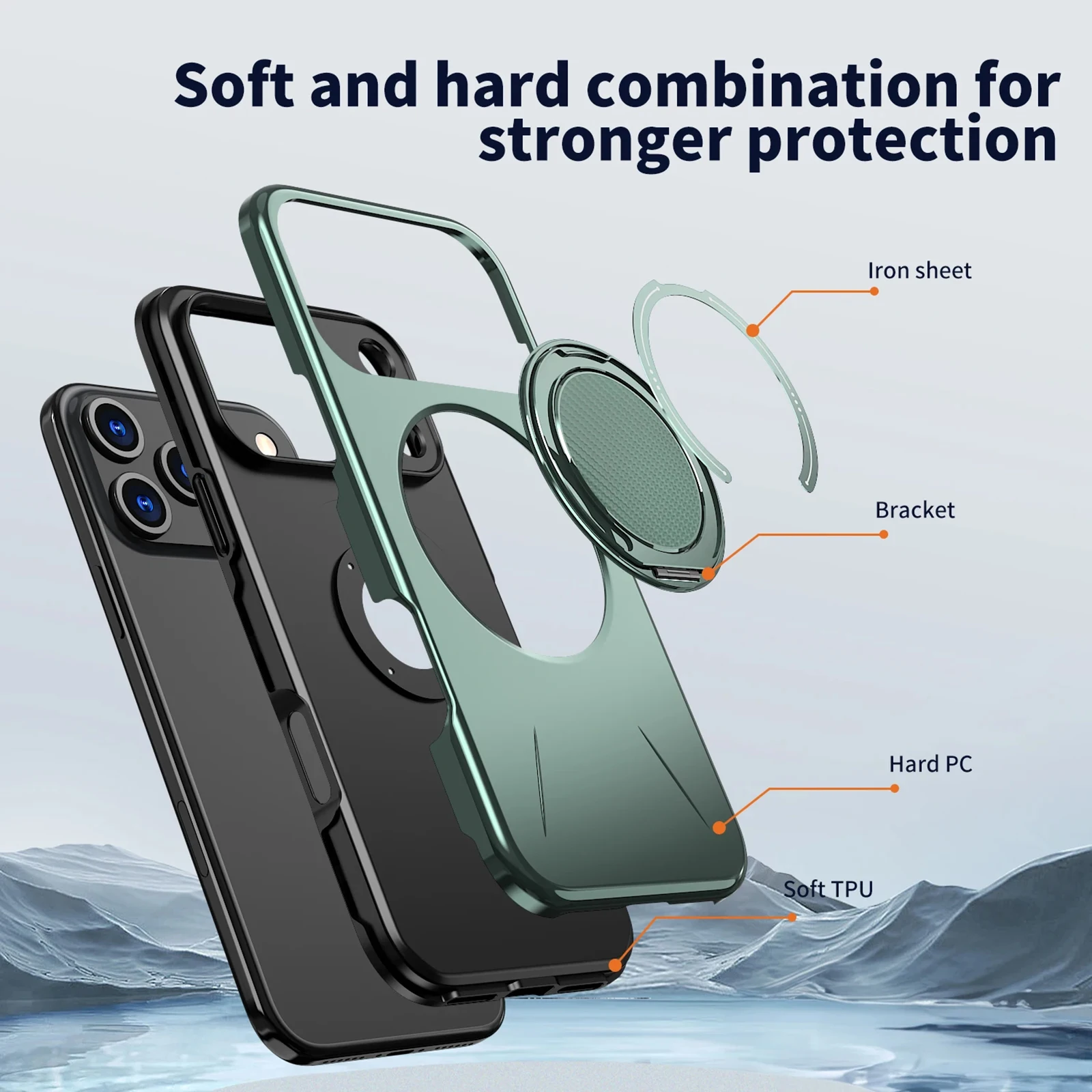 Dual-Layer Protective Phone Case with 360° Rotating Ring and Magnetic Mount Compatibility