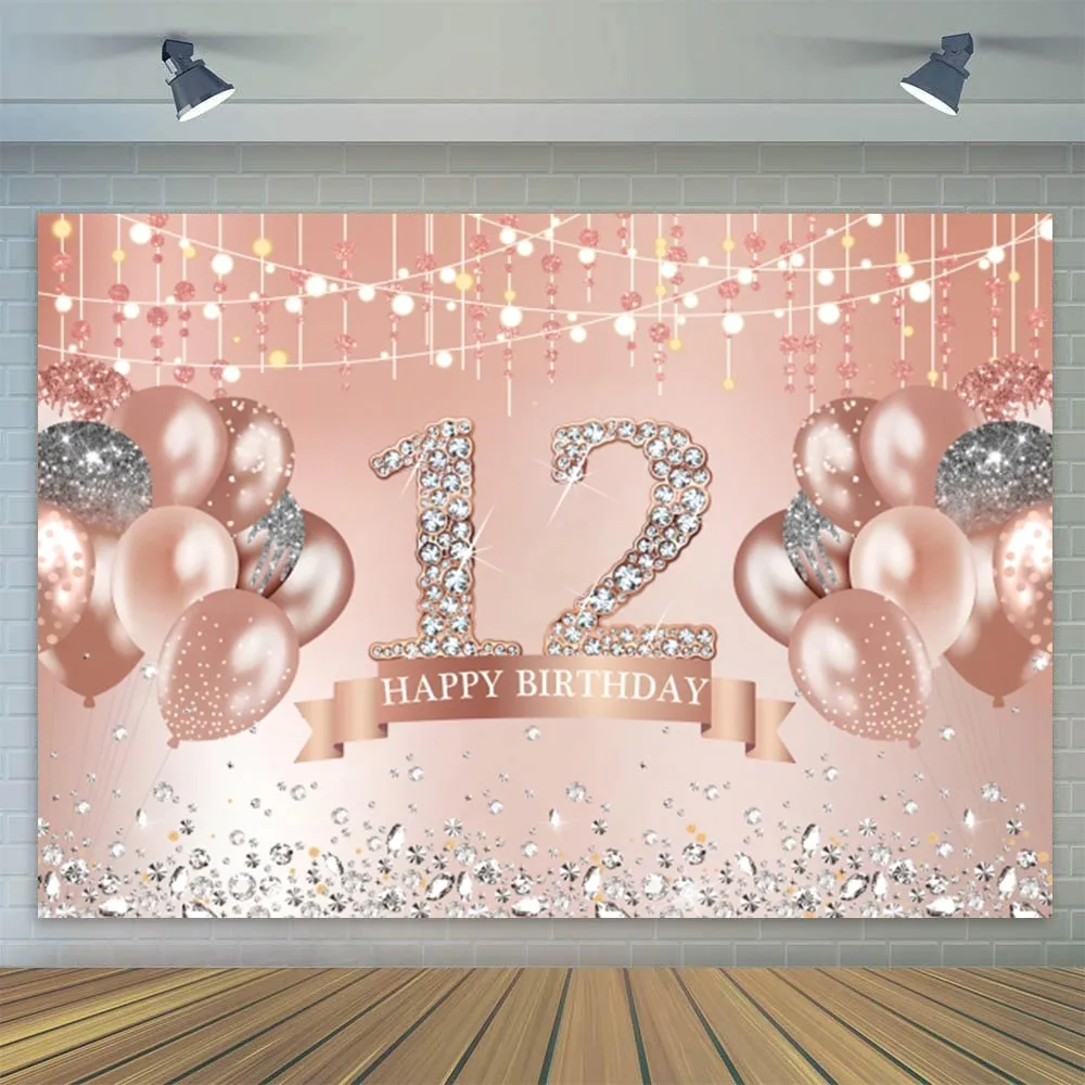 Photo Backdrop 12th Birthday Party Decor Banner Pink Rose Gold for Girls