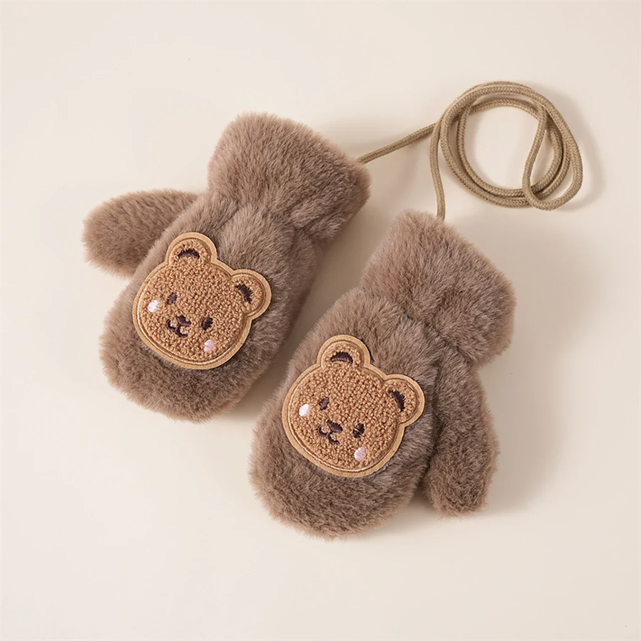 Baby Gloves Winter Thicken Warm Cute Cartoon Bear Boys Girls Mittens Faux Fur Toddler Kids Fingerless