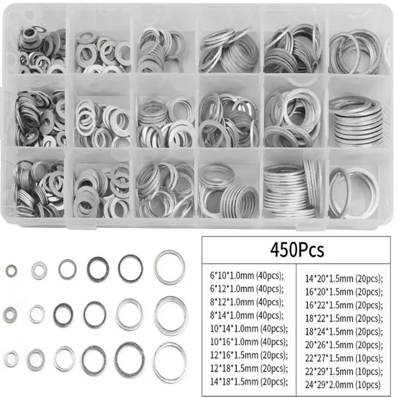 Hot Sale 200/280/450Pcs Aluminum Flat Gaskets Washers Assorted Gasket Metal Sealing Washer