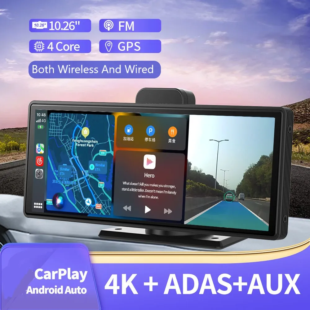 4K 10.26 "Dash Cam Adas Wireless Carplay Android Auto Wifi Car Dvr Dashboard Aux Navigazione Gps Telecamera Per La Retromarcia Videoregistratore