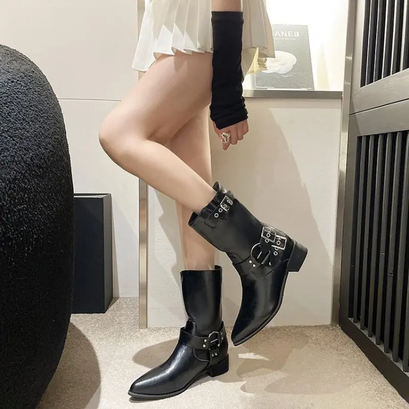 Platform Combat Cusp Boots Zip Chuny Heel Buckle Vintage Fashion Casual Luxury Designer Western Mid Calf Boots Shoes Woman New