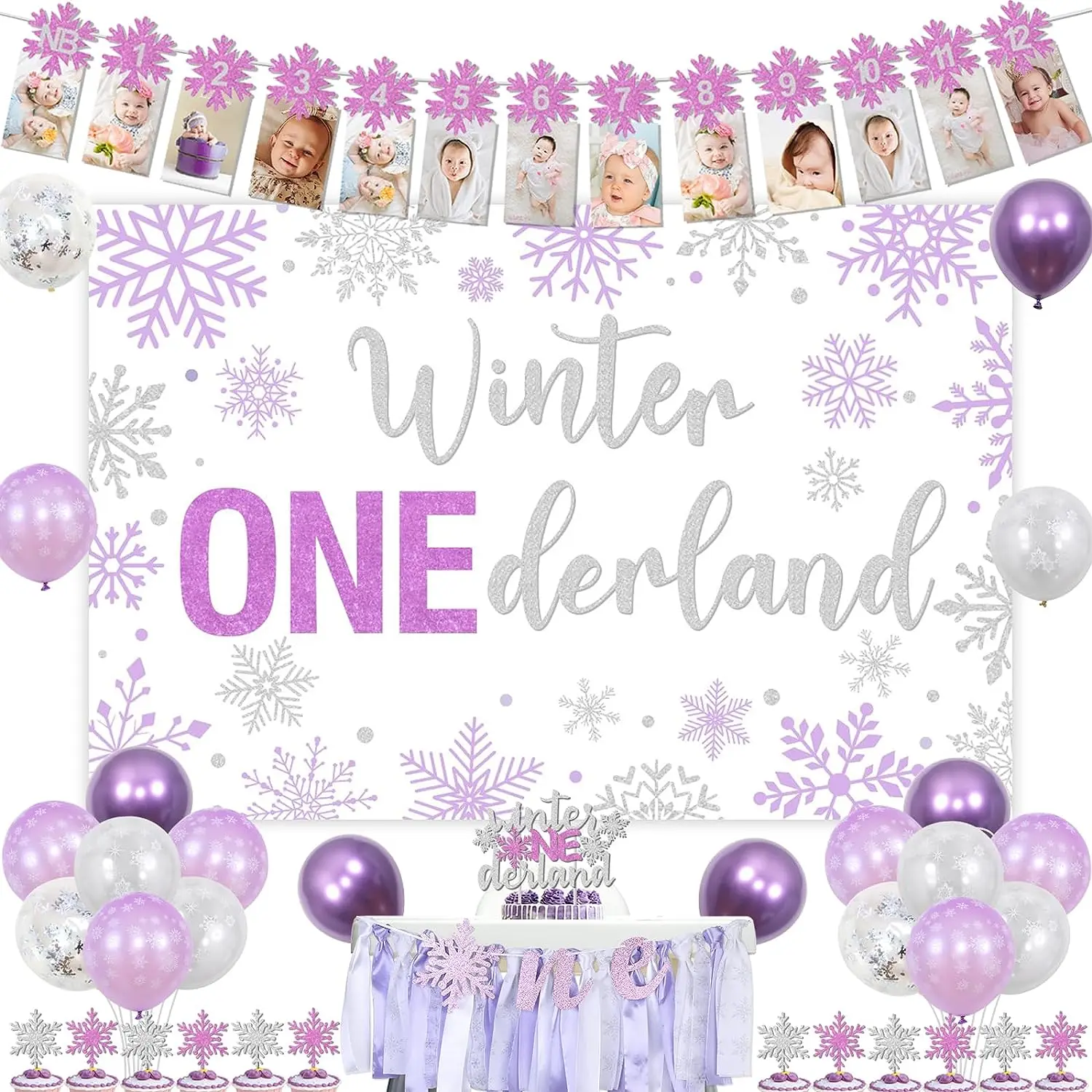 

Girls Purple Balloon Backdrop, Snowflake, Photo Banner, Cake Topper, 1st Birthday Party Decorations, 1 Year Old Girls, Winter