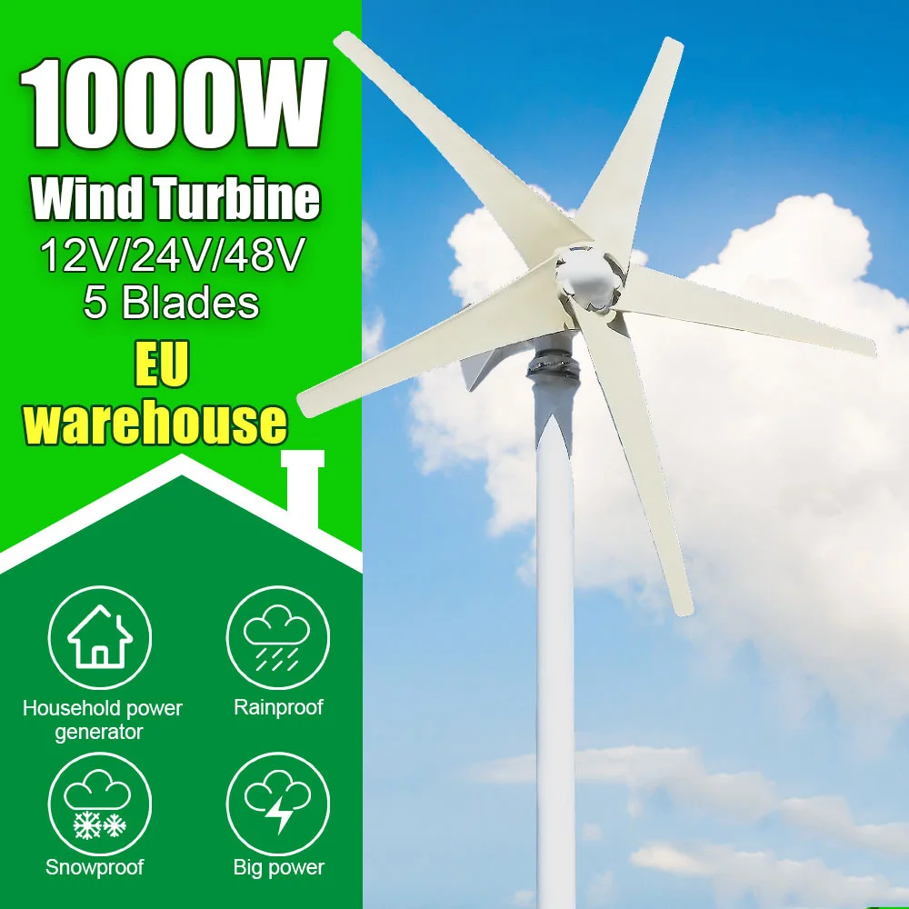 1000W 5 Blades 12V 24V 48V Free Energy Windmill Wind Power Small Wind Turbine Generator MPPT Controller For Home Use