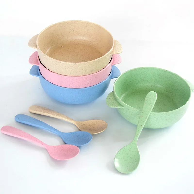 1pcs Eco-Friendly Wheat Straw Bowls with Spoon Reusable Baby Children's Dishes Kitchenware Bowl Home Kitchen Dinnerware Supplies