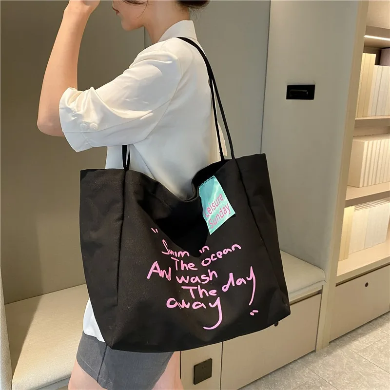 Canvas Shoulder Bags Large Capacity Daily Commuter Leisure Trendy Fashion Student Tote Bag Letter Printing Storage Bag All-match