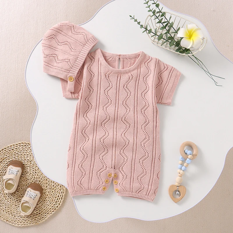 

Newborn Baby Romper Knit Infant Girl Boy Jumpsuit Fashion Hollow Out Toddler Children Clothes Hat Overall 0-18M Short Sleeve 2PC