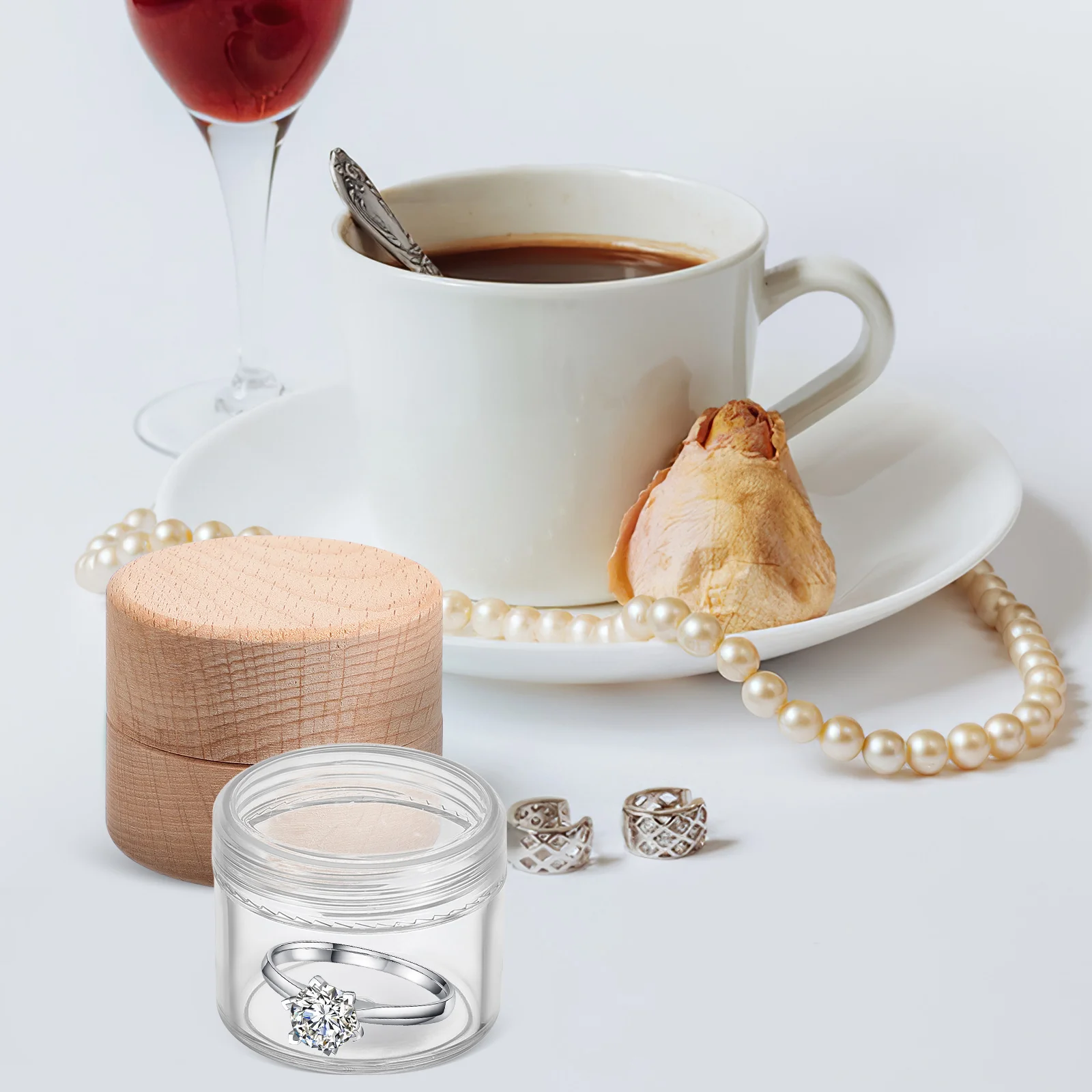 Round Wooden Box Mini Jewelry Holder Clear Lidded Storage Case for Engagement Wedding Proposal Craft Small Size