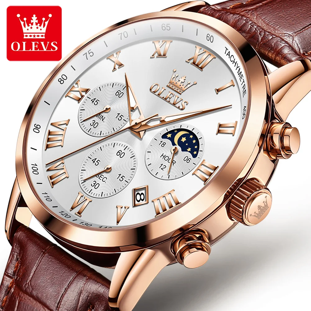 OLEVS 5529 Men's Watches Brown Leather Classic Analog Quartz Watch for Man 3ATM Waterproof Wrist Watch Multifunction Chronograph