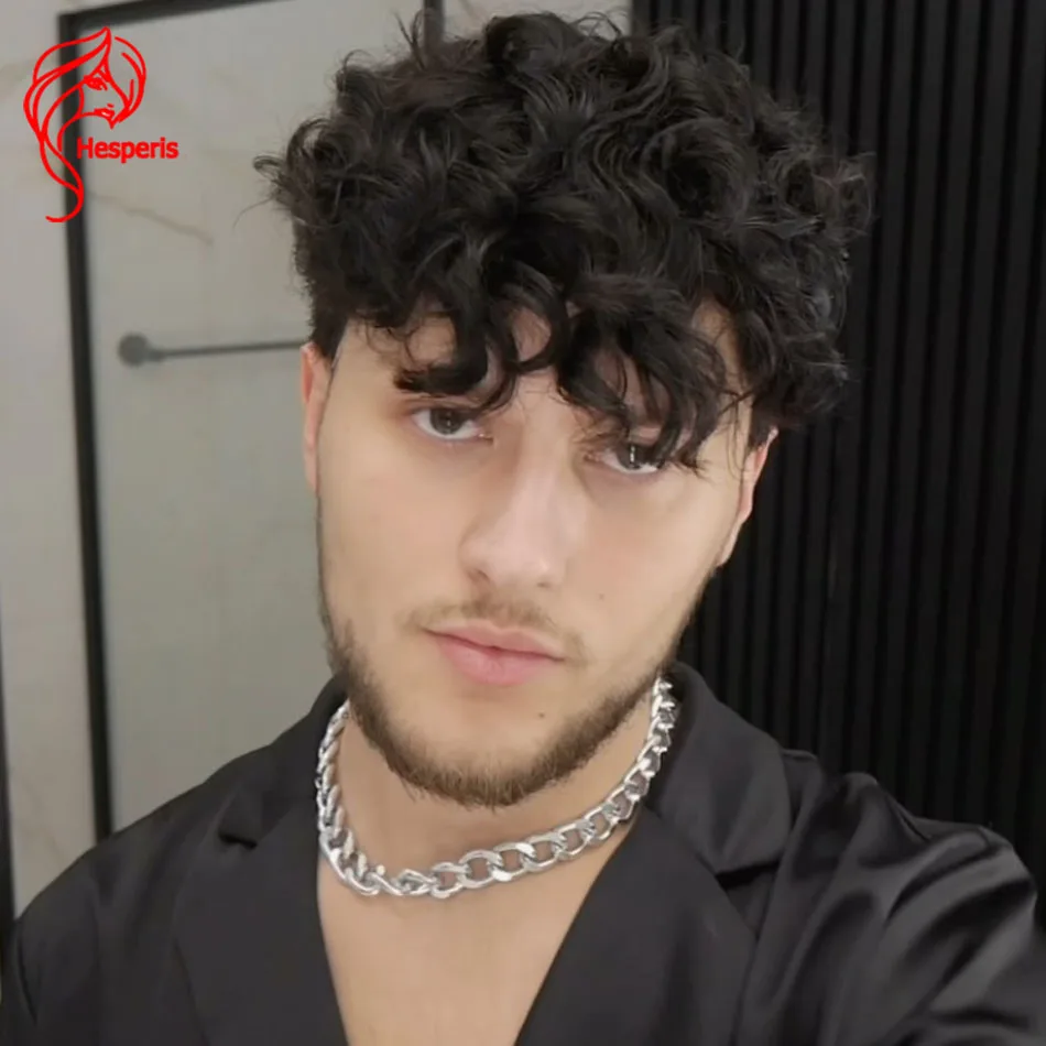 Hesperis Short Curly Full Lace Human Hair With Bangs Brazilian Remy Pixie Cut Men Wig Shaved Cut Curly Wig For Men