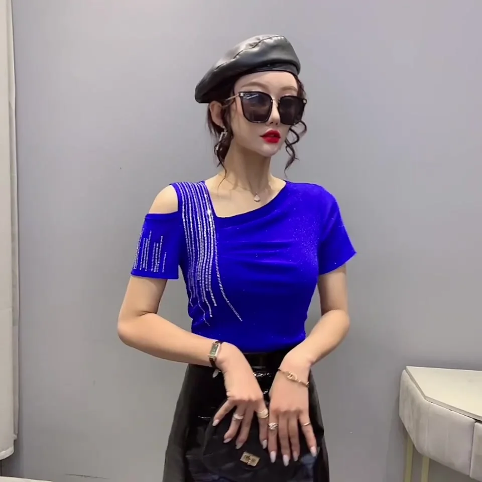New Summer Korean Style Mesh T-Shirt Chic Sexy Skew Collar