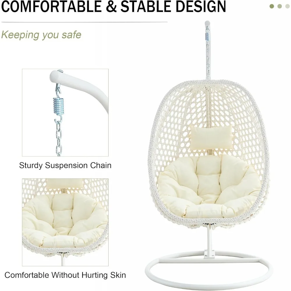 Oversized Rattan Hanging Egg Chair with Stand, Thick Cushion and Frame Outdoor Rocker, for Indoor Outdoor. Comfy Egg Swing Chair 4