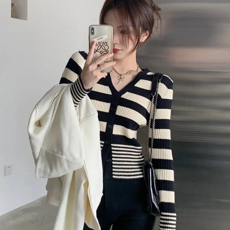 Sweaters for Women 2023 Spring Autumn New Simple Stripe Knitted Cardigan  Fashion Versatile V-neck Women's Cardigan Streetwear - AliExpress