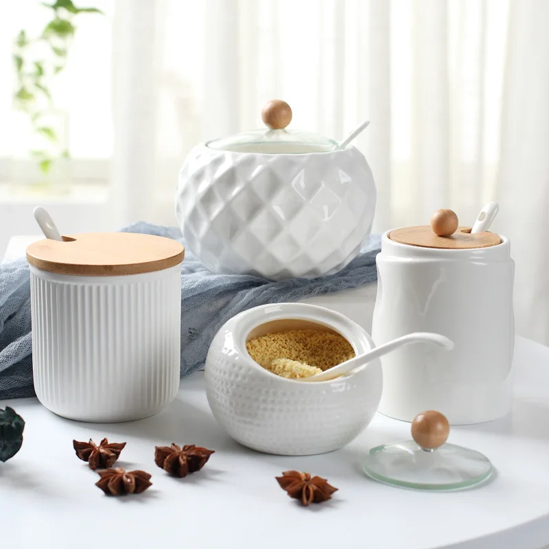 Seasoning Jar Ceramic Seasoning Jars with Wooden Lid Salt Shakers Kitchen Supplies Spice Organizer Canister Spoon Set Sugar Box