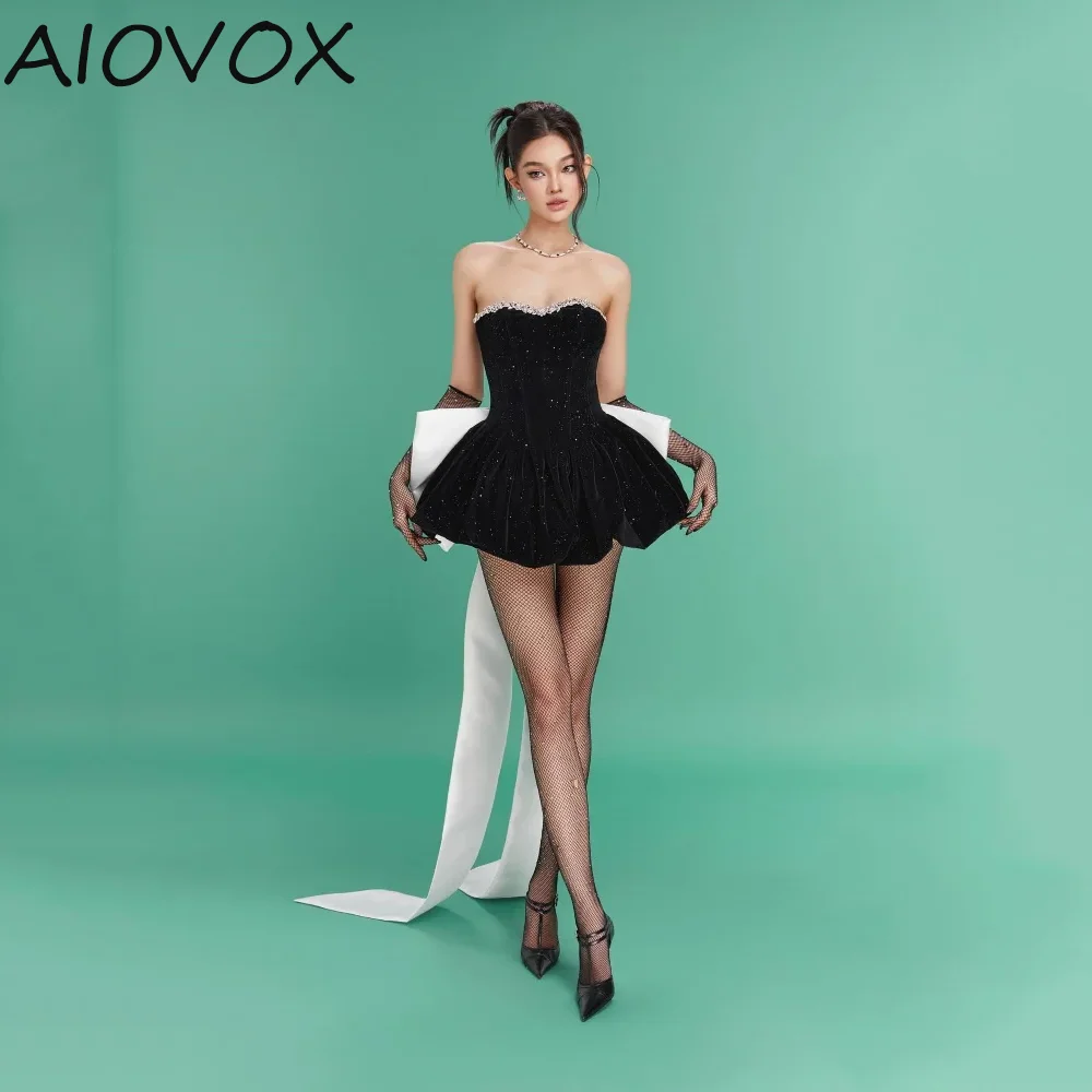 

AIOVOX Above Knee Party Dresses Sparkling Stunning Strap Less Beading Sequined Detachable Bow Cocktail Dresses فساتين الحفلات