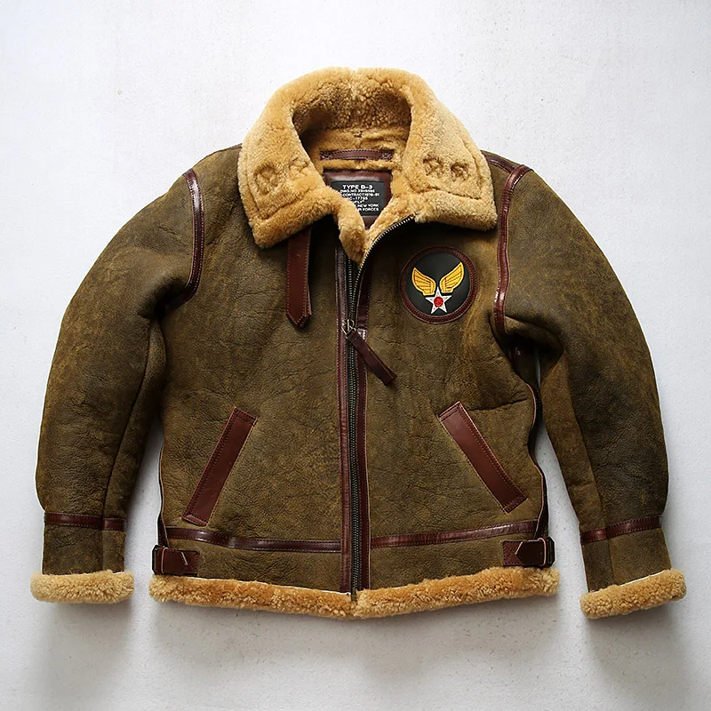 European High Quality Super Warm Genuine Sheep Leather Jacket Mens Big Size B3 Shearling Bomber Military Pilot Fur Coat