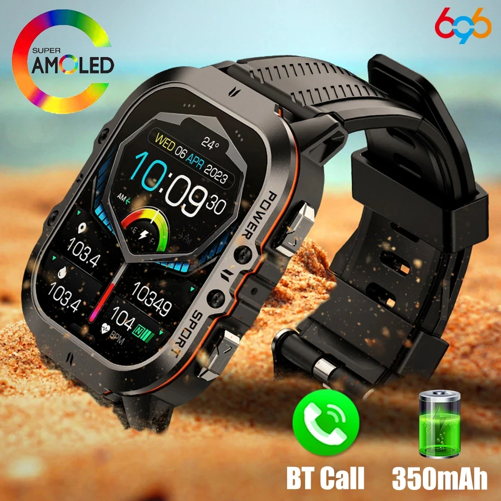 

Outdoor Sports 1.96" AMOLED Men Blue Tooth Call Smart Watch Heart Rate 1ATM Waterproof Bracelet Music Voice Assistant Smartwatch
