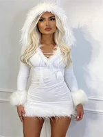 Women Hooded Christmas Dress Solid Color Plush Hem Splicing Long Sleeve Bodycon Pencil Dress Autumn Winter Xmas Clothes 1