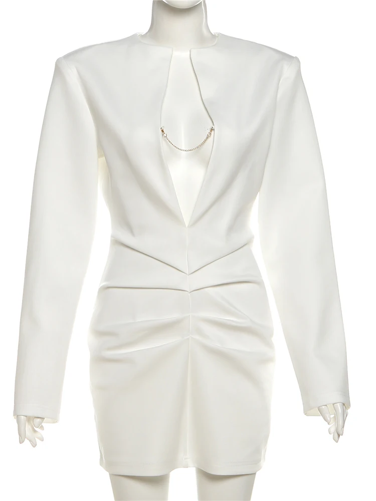 Nibber Metal Chain Dress Women v-Neck Folds Long Sleeve Solid Office Style Fashion Elegant Street Simple Classic Mini Bodycon