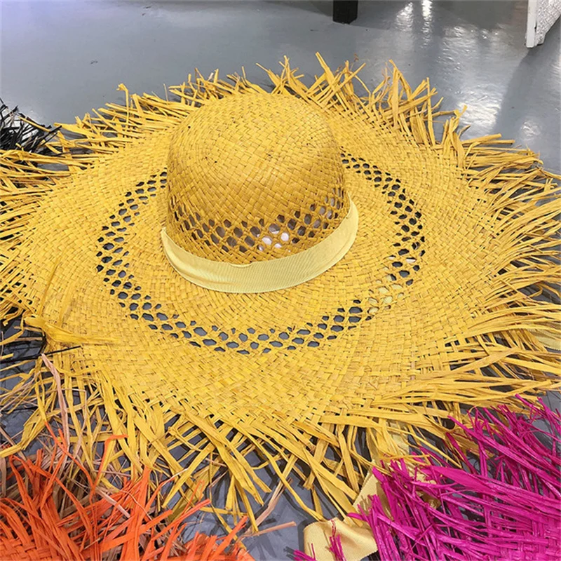 Orange Raffi straw hat Large brim Raffi straw hat Outdoor sun