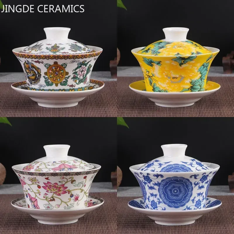 Jingdezhen Ceramic Gaiwan Sancai Tea Bowl Chinese Traditional Pattern Cover Bowl Blue and White Porcelain Tea Set