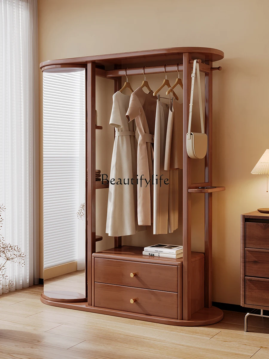 

Solid Wood Coat and Hat Rack with Dressing Mirror Rotatable Bedroom Full-Length Mirror Clothes Rack Integrated Locker