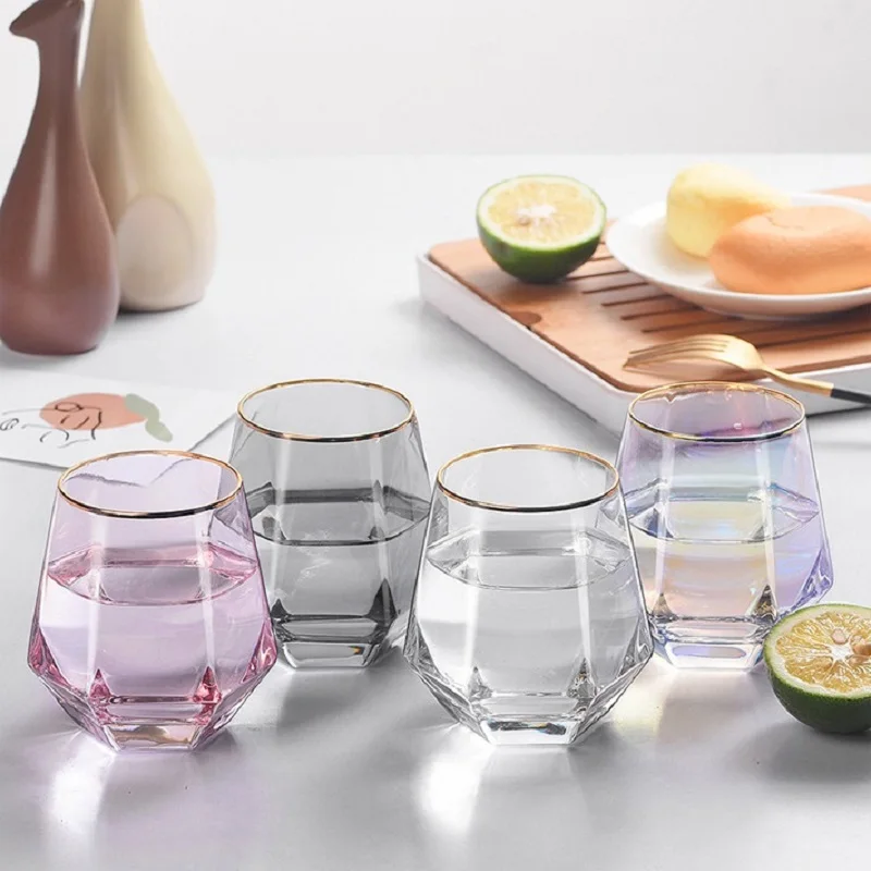 Diamond Shape Whiskey Glass Cup, Tumblers Water Glasses, Tumbler Cups with Gold Rim, Nordic Style, Factory , 280ml, 1 P