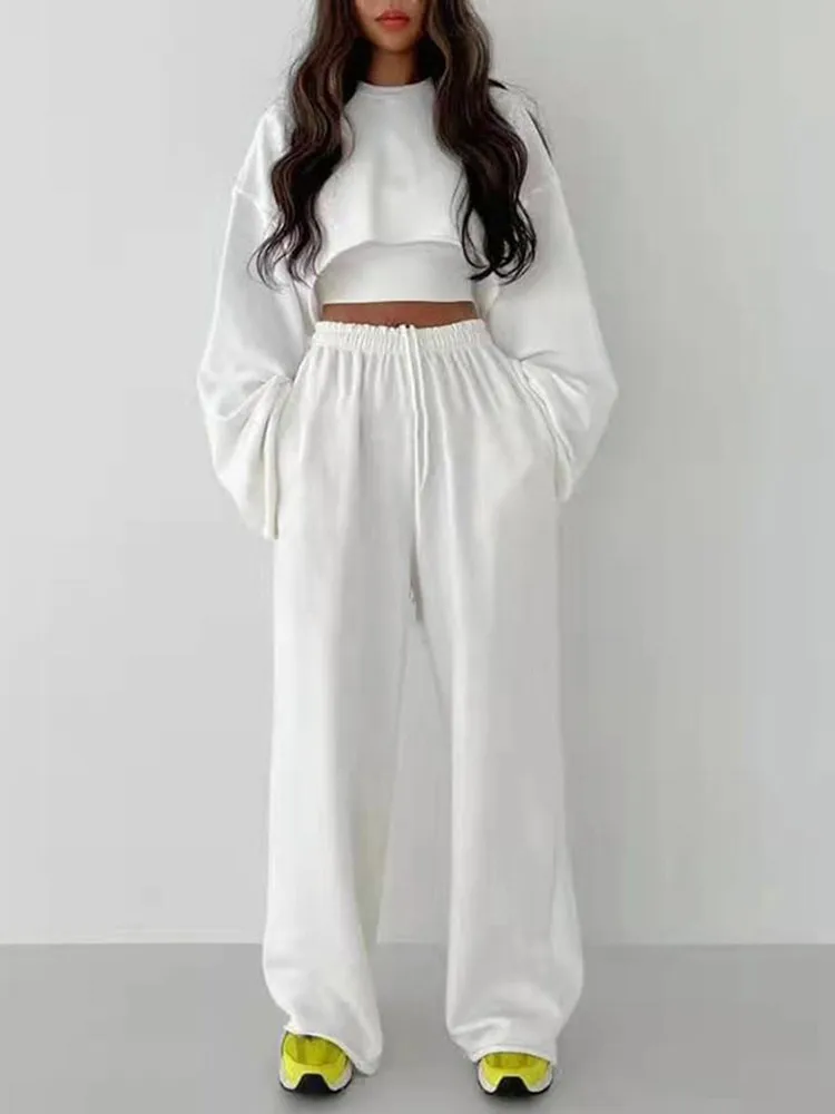 BPN Casual Two Piece Sets For Women Round Neck Long Sleeve Short Tops High Waist Loose Wide Leg Panst Solid Set Female Clothing