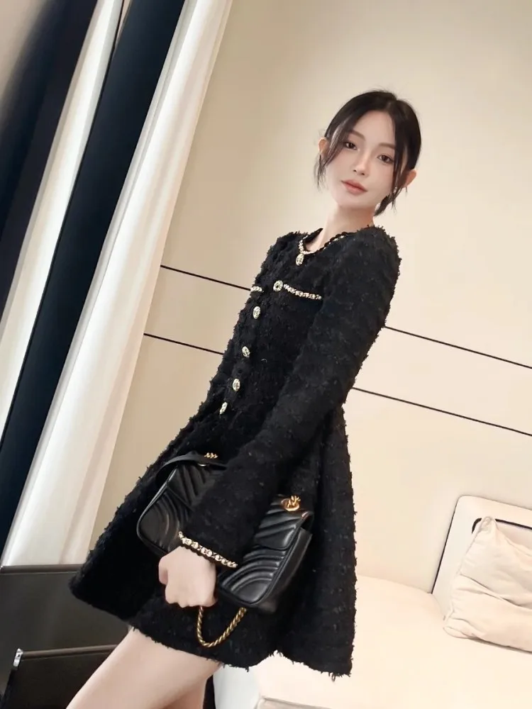Sweet Women Fashion Pearl Chain Black Tweed Dress O-Neck