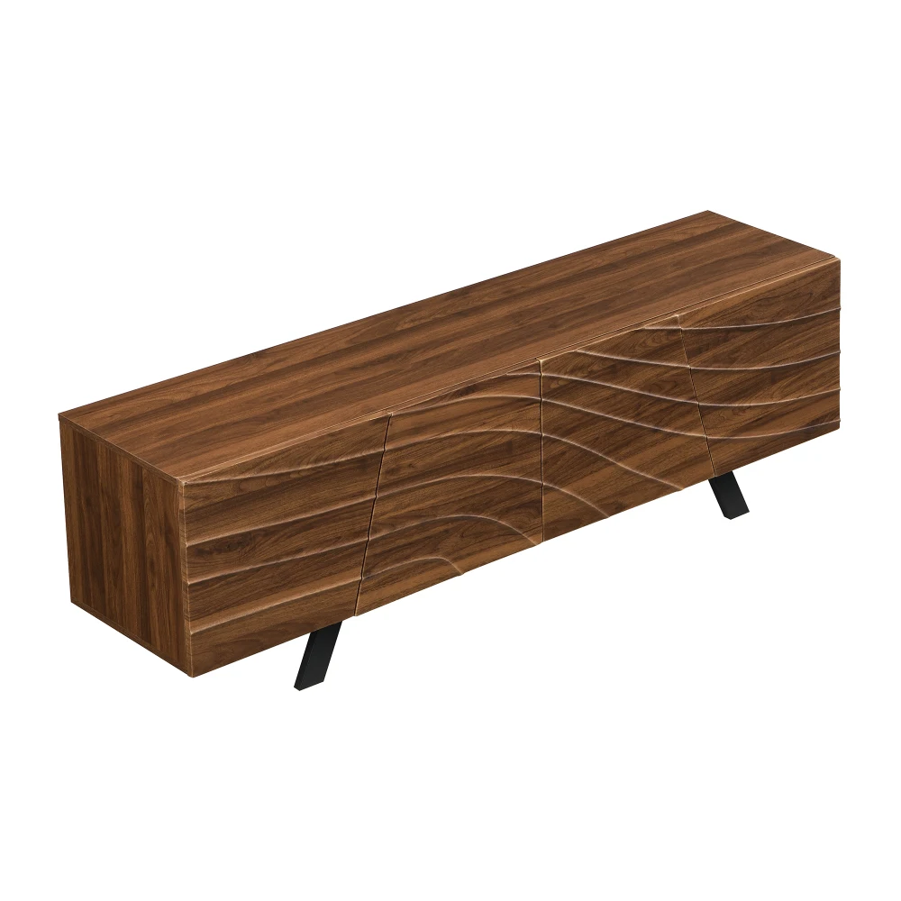 160 x 39 x 50,5 cm großer TV-Schrank mit Wellenfront, Lowboard in Walnuss-Optik mit schwarzen Eisenbeinen, großer Stauraum, Kabelmanagement und Stauraum – Detail 18