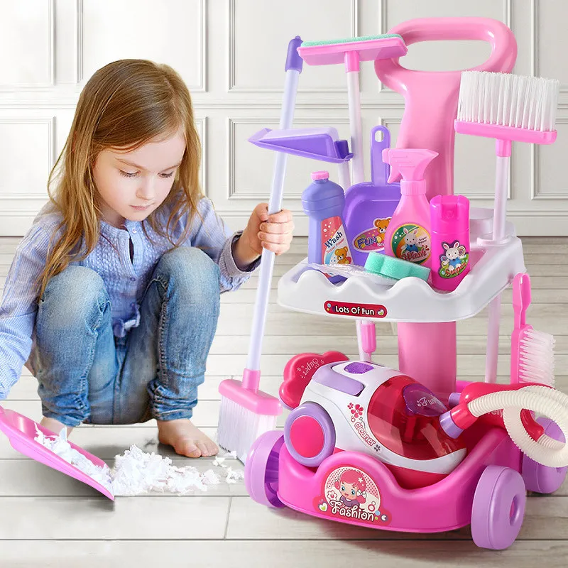 Children Simulation Sweeping Toy Cleaning Kit Tool Vacuum Cleaner Trolley Play House Pretend Cleaning Toy Gift