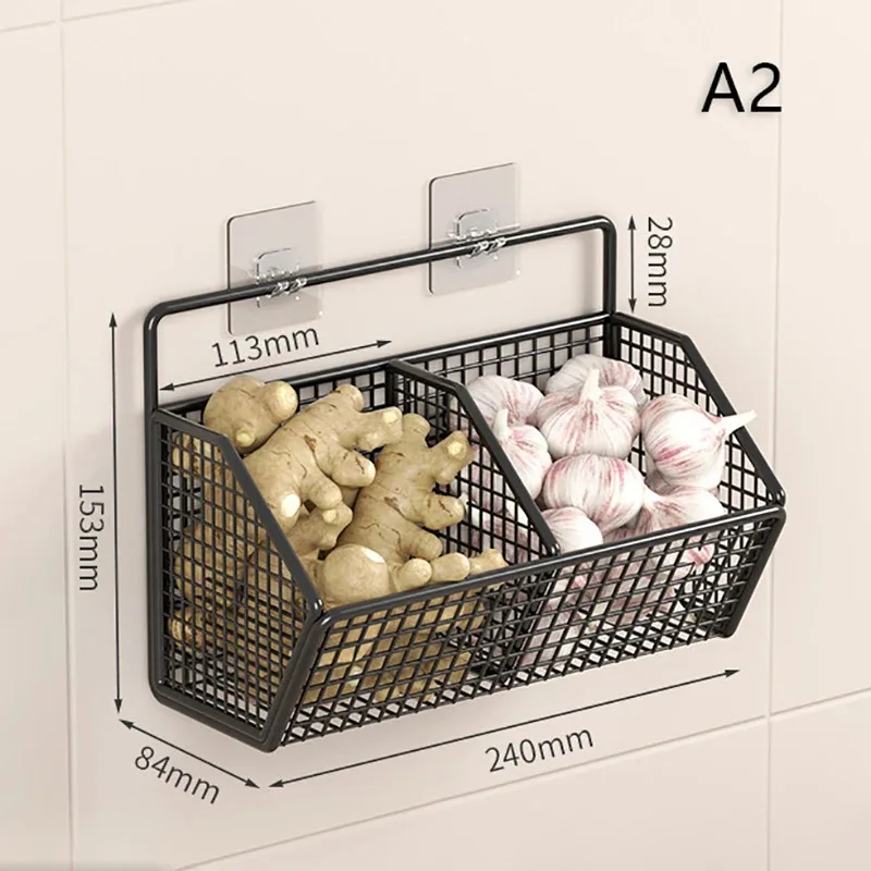 Kitchen Wall Mounted Storage Rack Onion Ginger Garlic Condiments Spice Kitchen Shelf Punch-Free Vegetable Fruit Drain Basket - 5