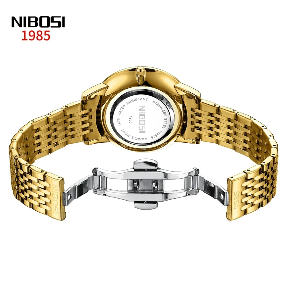 NIBOSI Mens Watches Top Brand Luxury Gold Black Quartz Watch for Men Stainless Steel Waterproof Date Business Men Wristwatches