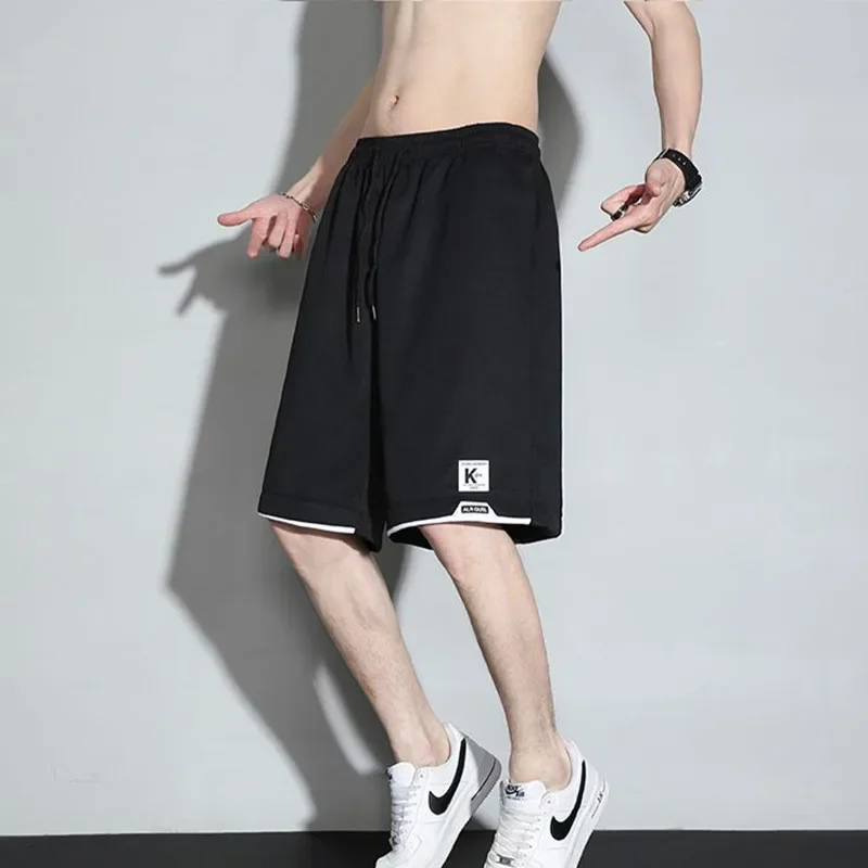 Summer Casual Versatile Loose Sports Shorts Men Panelled Elastic Waist Drawstring Patchwork Pockets Straight Five-Point Pants