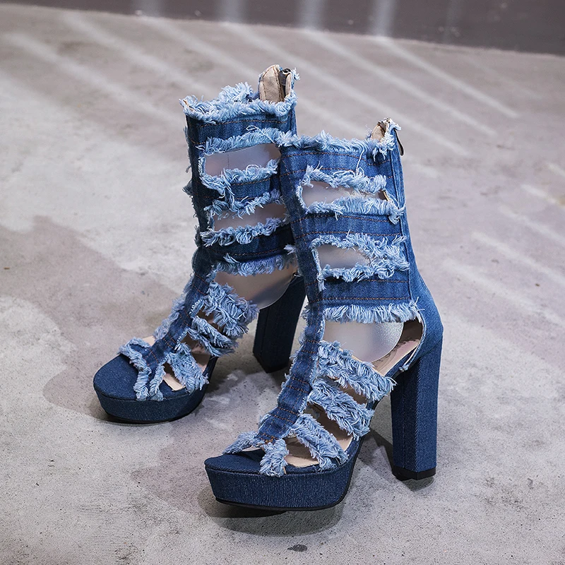 

Blue Denim Women Sandals Summer 2023 Hot Fashion Simply Peep Toe High Heels Sandals Ankle Strap Zipper Comfortable Single Shoes