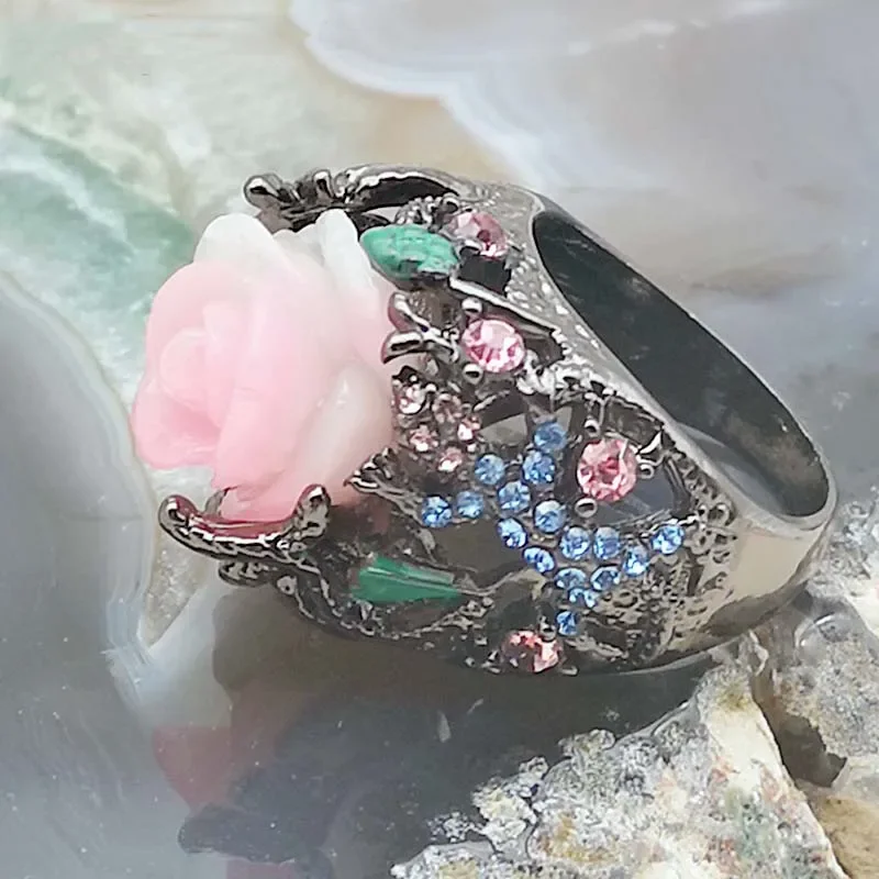 Tungsten Ring Milangirl Fashion Vintage Peony Flower Tree Vine Lizard Resin Crystal Alloy