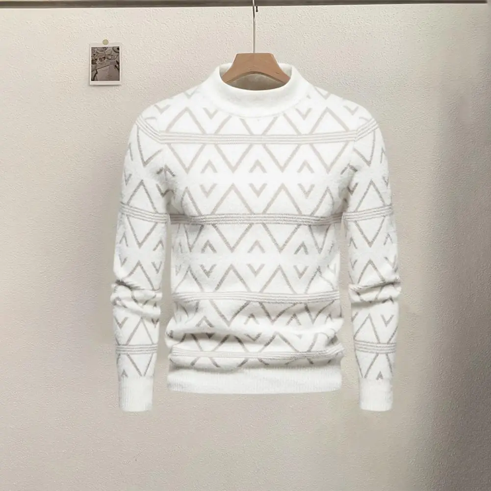 Men Autumn Winter Knitting Sweater O-neck Long Sleeve Geometric Pattern Pullover Tops Soft Thick Warm Knitwear