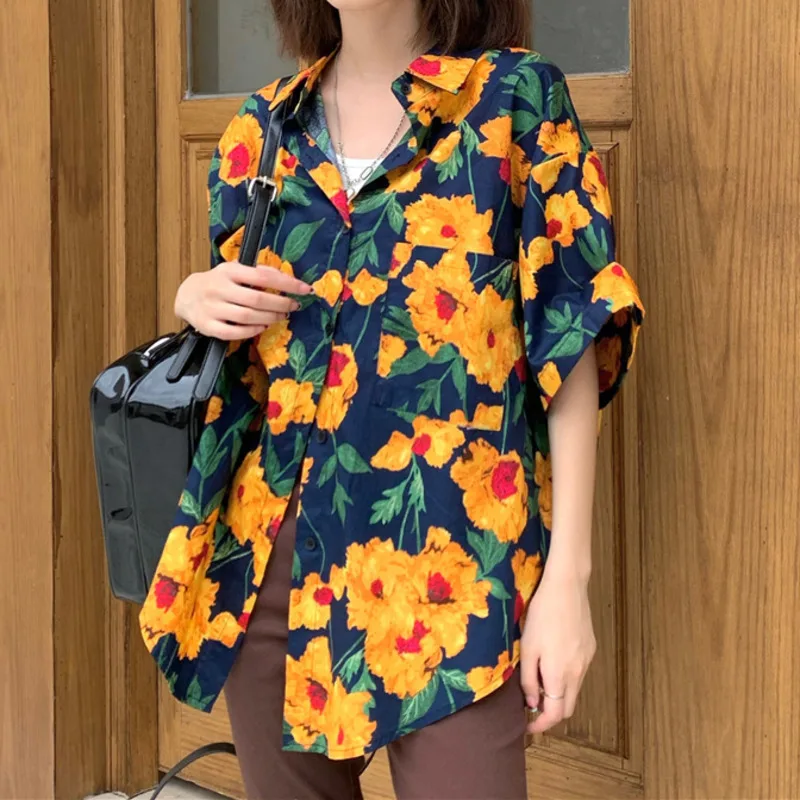 

Vintage Floral Shirts Women Print Short Sleeve Blouses Summer Streetwear Harajuku Korean Loose Casual All Match Blusas Tops