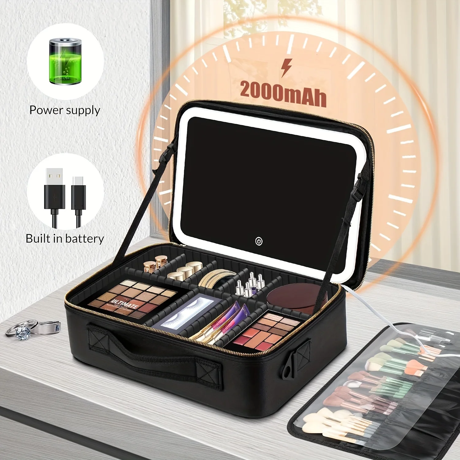 Large size travel makeup bag with mirror, zoned makeup bag with LED-lit makeup mirror, 3 light color modes, adjustable, 4