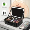 Large size travel makeup bag with mirror, zoned makeup bag with LED-lit makeup mirror, 3 light color modes, adjustable, 4