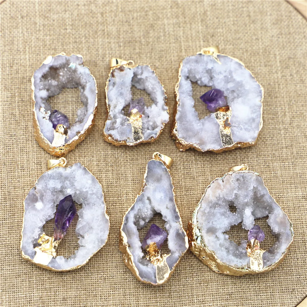 6PCS Hot Geode Stone Agates Healing Slice Pendants Charms Inlaid Natural Amethysts Point Irregular Elegant Quartz Jewelry Making