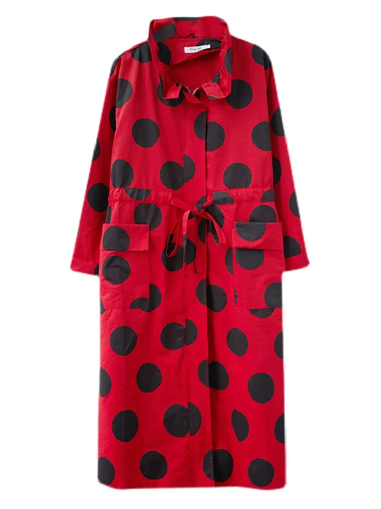 2025 Autumn Winter Oversized Polka Dot Long Trench Coat For Women Clothes Stand Collar Drawstring Fashion Casual Loose Outerwear