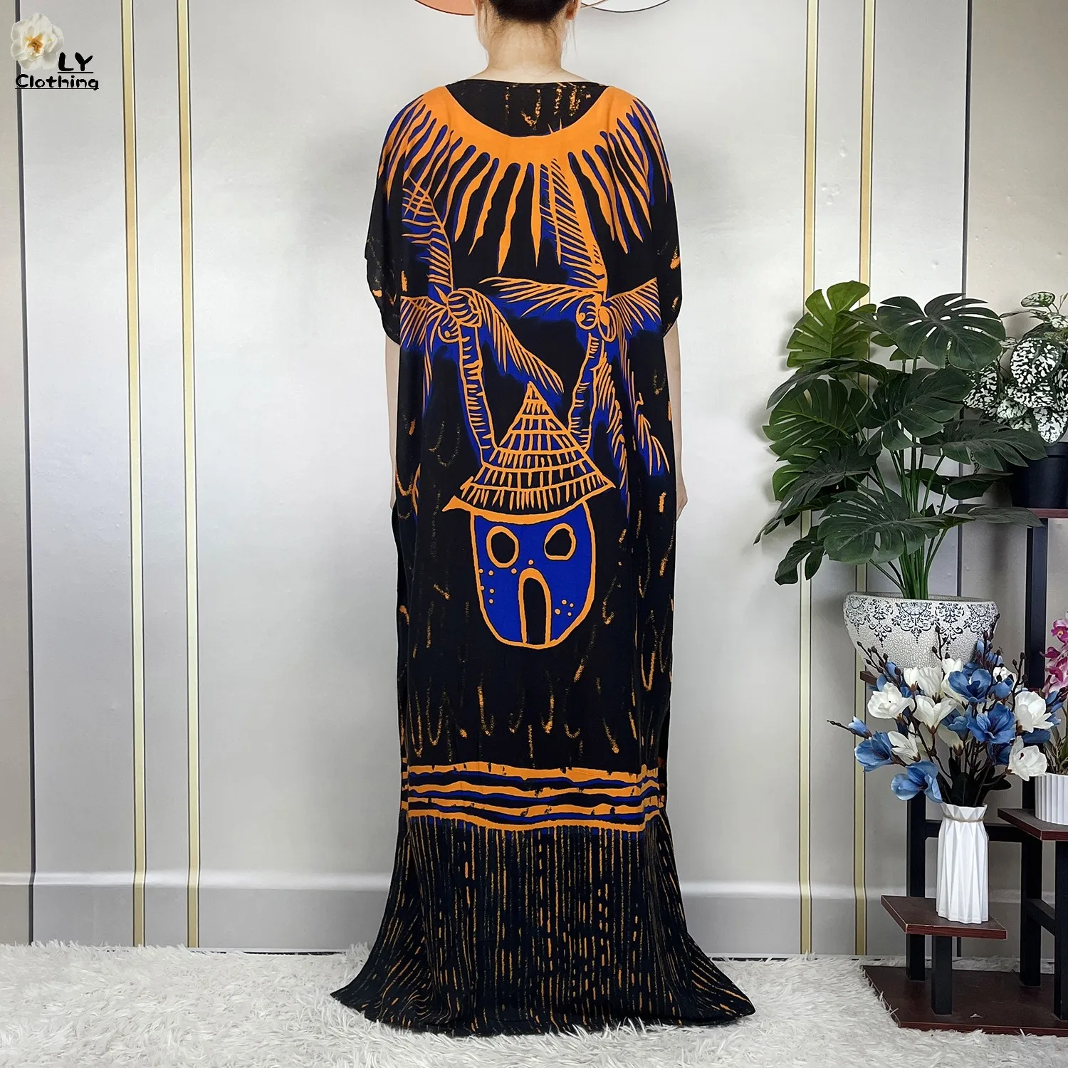 2023 New African Abaya Summer Women Short Sleeve Printed Cotton Loose Robe Maxi Muslim Traditional Dressed With Big Shawl Scarf