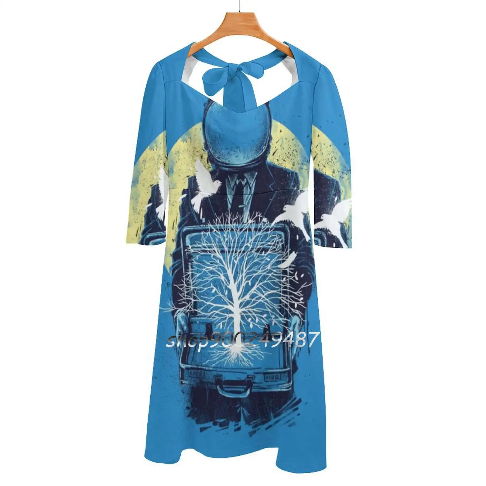 Una Nuova Vita Flare Dress Square Neck Dress Elegante Moda Femminile Stampato Abito Hope Tree Door Gate Light Bright Future Birds Sky